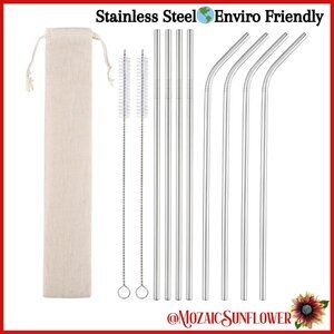 8 Stainless Steel Straws 2 Cleaning Tools Unbleached Storage Bag Enviro Safe